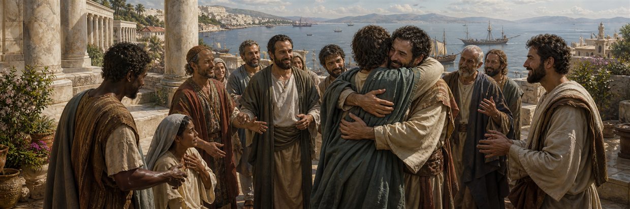 A Titus-like messenger embraced by relieved believers as a grieving person rises toward reconciliation